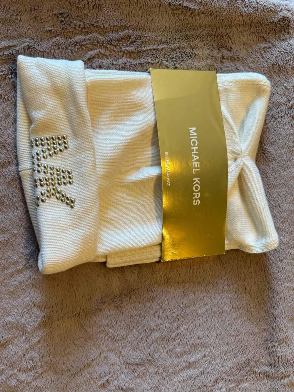 Michael Kors Cream Beanie Hat and Scarf Set with Gold Stud MK Logo